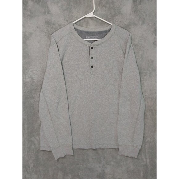 Eddie Bauer Shirt Mens Large Gray Henley Thermal Waffle Knit Long Sleeve Cotton - Picture 1 of 8